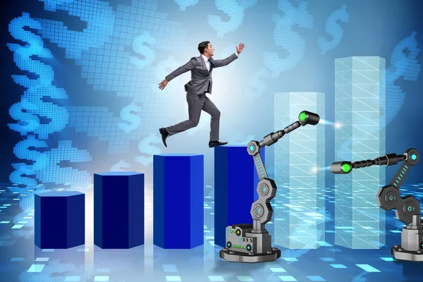 Businessman walking up the chart supported by robotic arm — Stock Photo, Image