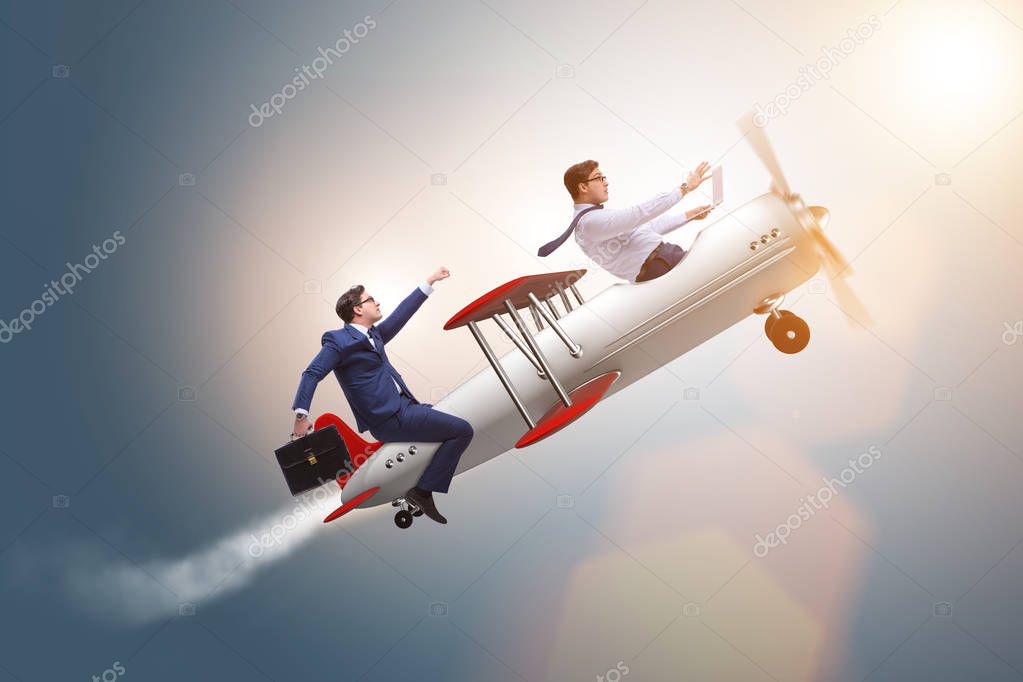 Businessman flying on vintage old airplane
