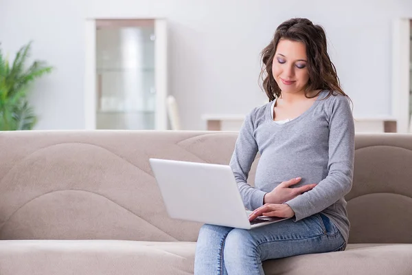 妊娠中の女性作業ノートパソコン上のソファに座って — ストック写真