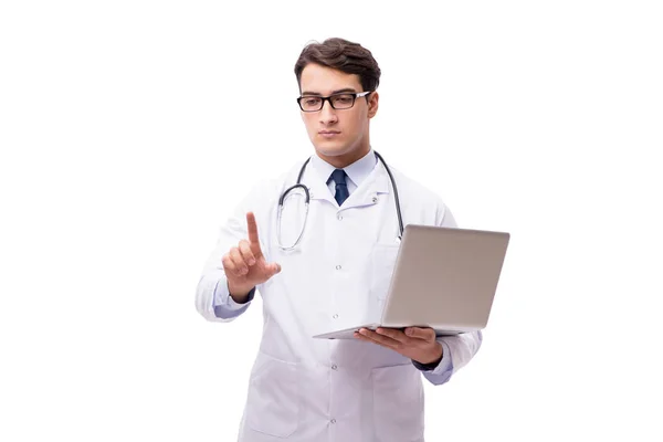 Doutor com laptop isolado no fundo branco — Fotografia de Stock