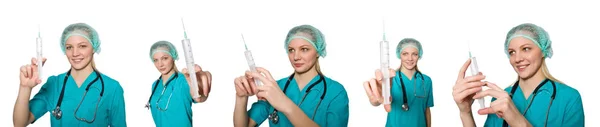 Dokter wanita dengan jarum suntik berwarna putih — Stok Foto