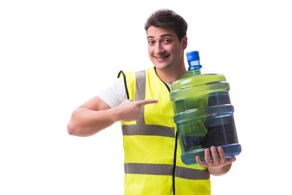 Uomo consegna bottiglia d'acqua isolata su bianco — Foto Stock