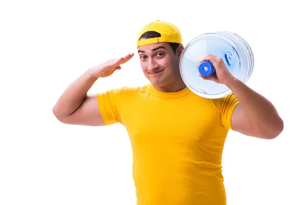 Mann liefert Wasserflasche isoliert auf Weiß — Stockfoto