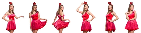 분홍색 드레스를 입은 예쁜 소녀가 흰 옷을 입고 외따로 떨어져 있다 — 스톡 사진