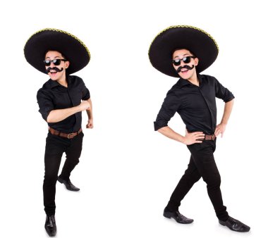 Meksika şapkası takan komik bir adam beyaz şapkalı.