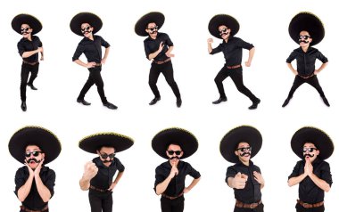 Meksika şapkası takan komik bir adam beyaz şapkalı.