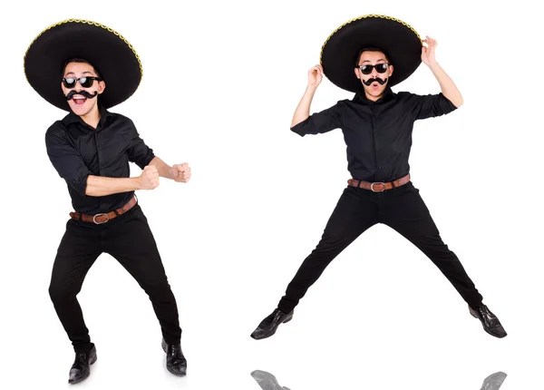 Funny man wearing mexican sombrero hat isolated on white — Stock Photo, Image