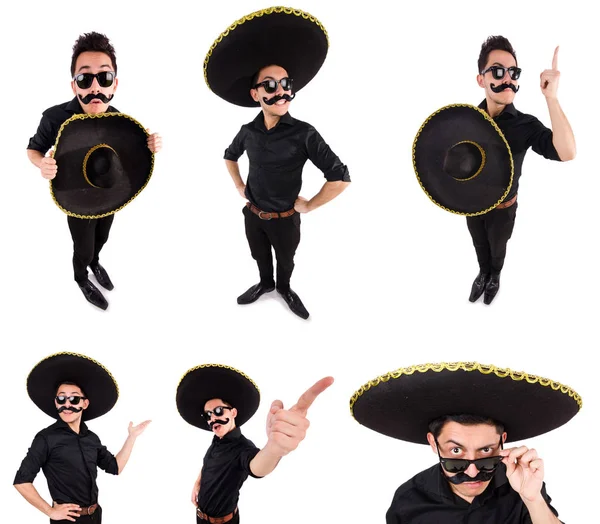 Hombre divertido con sombrero mexicano sombrero aislado en blanco — Foto de Stock