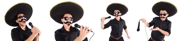 Funny man wearing mexican sombrero hat isolated on white — Stock Photo, Image