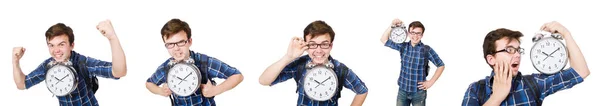 Student missing his studying deadlines on white — Stock Photo, Image