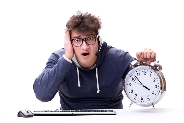 Funny nerd call center operator with giant clock — Stock Photo, Image