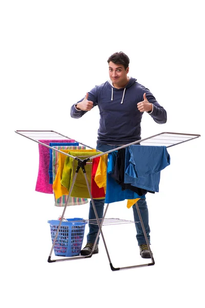 Husband man doing laundry isolated on white — Stock Photo, Image