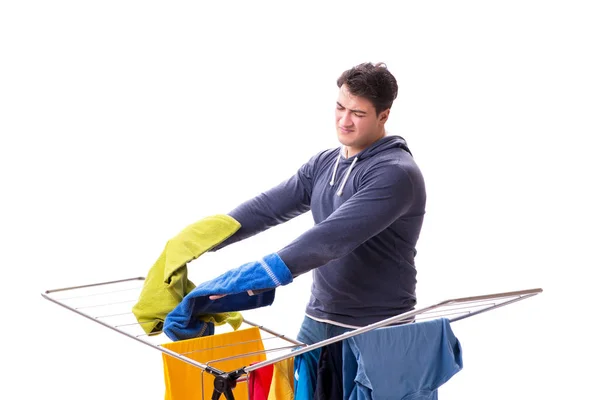 Marido homem fazendo lavanderia isolada no branco — Fotografia de Stock