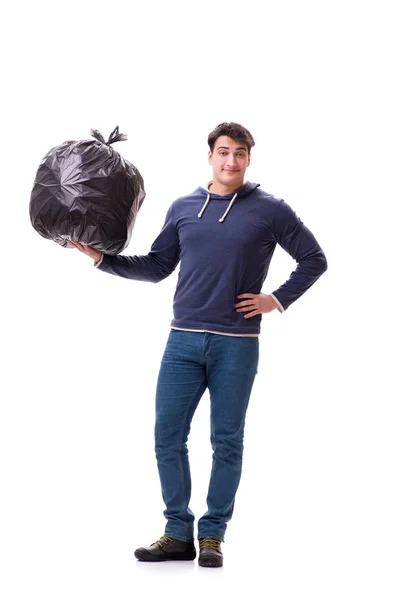 Hombre con saco de basura aislado en blanco —  Fotos de Stock