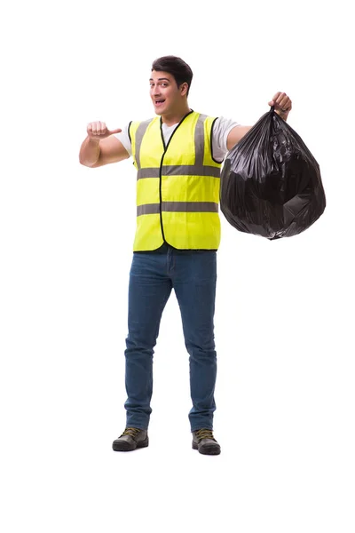 Hombre con saco de basura aislado en blanco — Foto de Stock