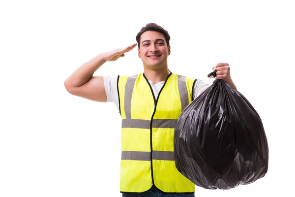 Man met vuilniszak geïsoleerd op wit — Stockfoto