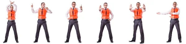 Businessman with rescue safety vest on white — Stock Photo, Image