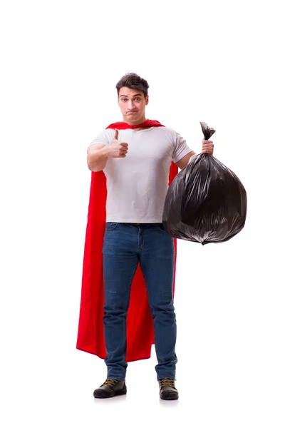 Superhéroe hombre con saco de basura aislado en blanco — Foto de Stock