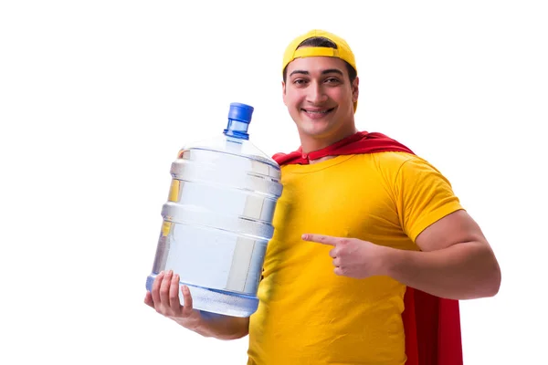 Uomo consegna bottiglia d'acqua isolata su bianco — Foto Stock