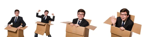 Hombre divertido con cajas aisladas en blanco —  Fotos de Stock