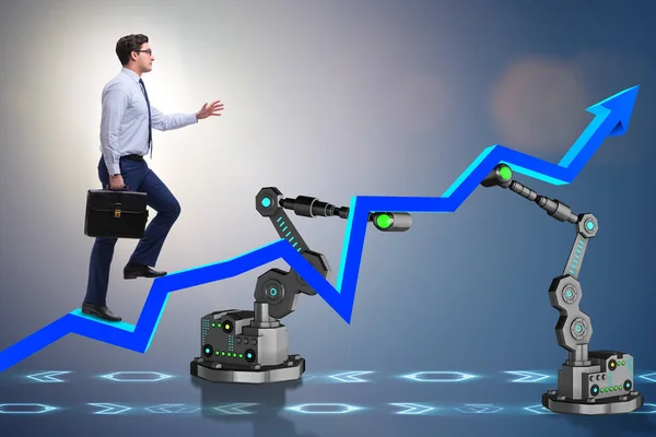 Бизнесмен поднимается по графику при поддержке робота — стоковое фото