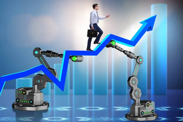 Businessman walking up the chart supported by robotic arm — Stock Photo, Image