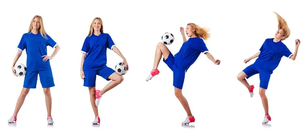 Mulher jogando futebol no branco — Fotografia de Stock