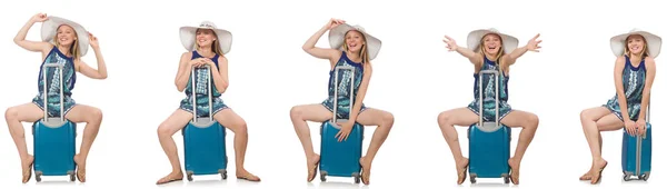 Kollázs a felkészülés a nyaralás elszigetelt fehér nő — Stock Fotó