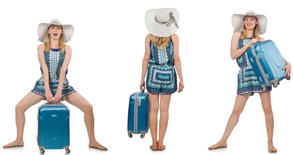 Koláž ženy, příprava na letní dovolenou izolované na bílém — Stock fotografie