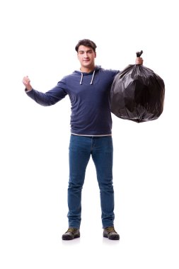 Çöp torbası olan adam beyazda izole edilmiş.