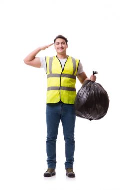 Çöp torbası olan adam beyazda izole edilmiş.
