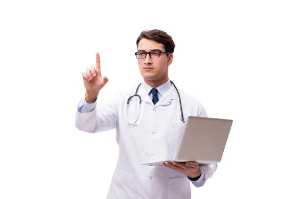 医生与孤立的白色背景上的笔记本电脑 — 图库照片