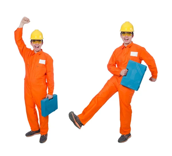 Hombre en mono naranja aislado en blanco — Foto de Stock