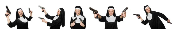 Nun with handgun isolated on white — Stock Photo, Image