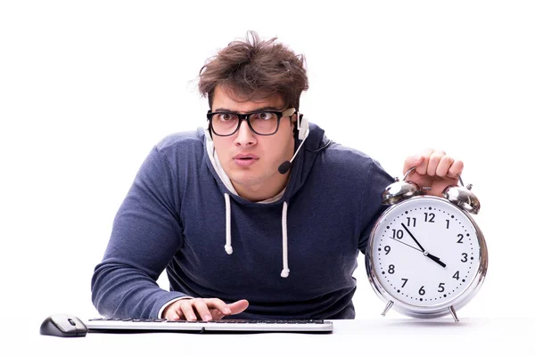 Funny nerd call center operator with giant clock — Stock Photo, Image