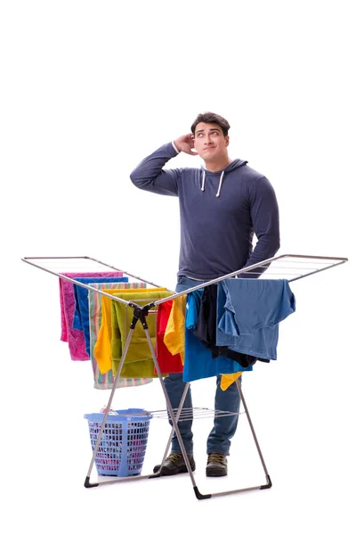 Husband man doing laundry isolated on white — Stock Photo, Image