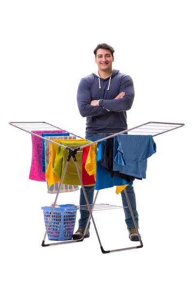 Marido hombre haciendo ropa aislada en blanco — Foto de Stock