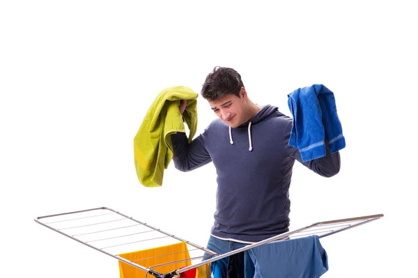 Husband man doing laundry isolated on white — Stock Photo, Image