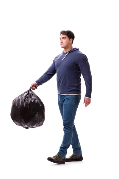 Homme avec sac poubelle isolé sur blanc — Photo