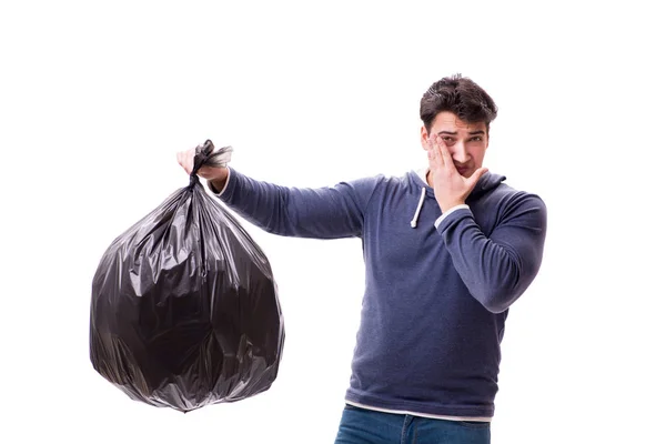 Чоловік зі сміттєвим мішком ізольований на білому — стокове фото