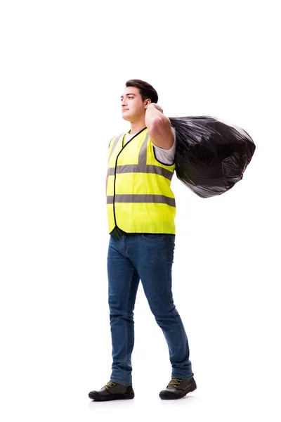 Hombre con saco de basura aislado en blanco — Foto de Stock