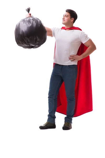 Superheld man met vuilnis zak geïsoleerd op wit — Stockfoto