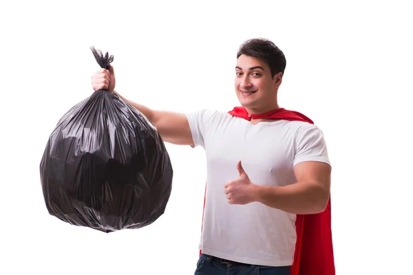 Superhéroe hombre con saco de basura aislado en blanco —  Fotos de Stock