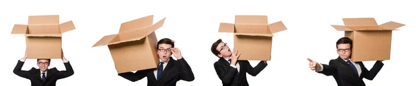 Funny man with boxes isolated on white — Stock Photo, Image