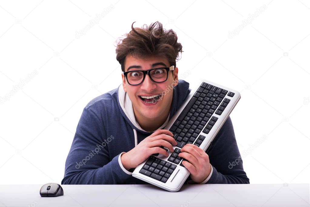 Funny nerd man working on computer isolated on white