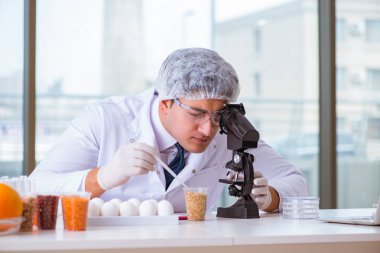 Besin uzmanı gıda ürünlerini laboratuarda test ediyor.