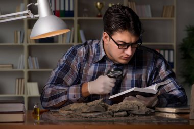 Arkeolog geç saatlere kadar ofiste çalışıyor.