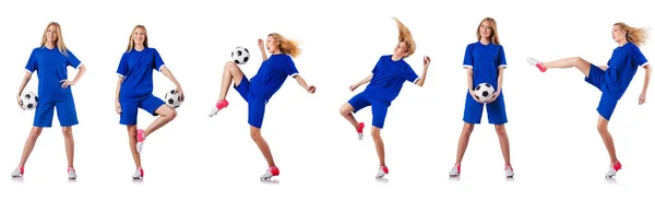 Woman playing football on white — Stock Photo, Image