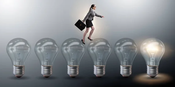 Businesswoman in new idea concept with light bulb — Stock Photo, Image