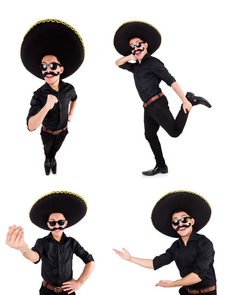 Funny man wearing mexican sombrero hat isolated on white — Stock Photo, Image